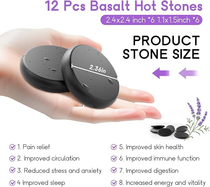 AICNLY 12 Pieces Hot Stone Massage Set-Professional Massage Tool for Spa, Cellulite Massage, Lymphatic Drainage, Relieve Tension and Muscle Pain, Basalt Rocks Premium Set
