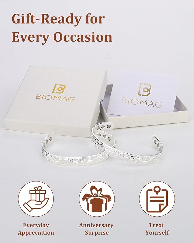 BioMag 2 Pcs Magnetic Copper Bracelet for Women, 99.99% Pure Copper Cuff Bangle with 6 Pcs 3500 Gauss Magnets, Adjustable Size, Floral Vine Design