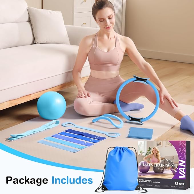 Pilates Kit 13Pcs Home Pilates Essentials Workout Kit with 13" Ring, 10" Ball and Resistance Bands for Women at Home Pilates Equipment Set for Beginners