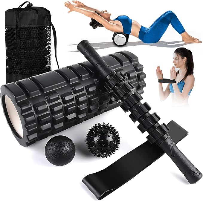 6 in 1 Foam Roller Set with High Density Massage Ball, Yoga Stick, Stretching Strap, Spiky Ball, Bag - Deep Tissue Trigger Point Massage Tool Workout Set - Back Stretcher Muscle Massager for Home