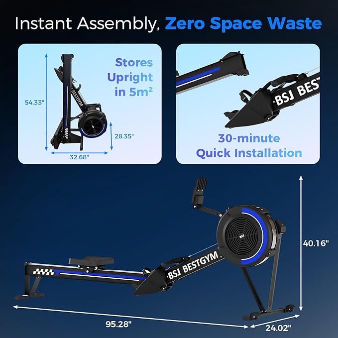 Rowing Machines for Home, Adjustable Air Resistance Rower Machine with Extra Long Rail, Ergonomic Comfort Seat, Device Holder, Easy Storage