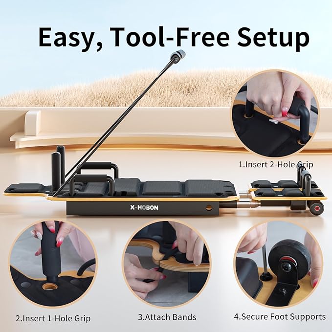 Pilates Board Reformer for Home Workout, Reformer Board, Glide Board, Sliding Rails, Maple Wood Deck & High-Strength Steel Rails, Adjustable Resistance Bands, PU Wheels, Quick Assembly