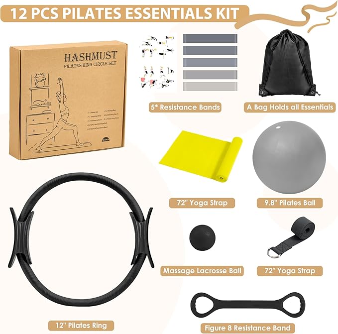 HASHMUST Pilates Ring Kit 12 PCS for Women, Home Workout Equipment with Magic Circle, Mini Exercise Ball, Resistance Bands, Massage Lacrosse, Yoga Strap, Full-Body Fitness Set for Toning & Gift
