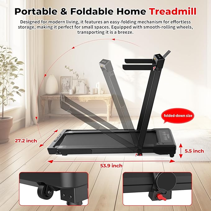SubSun Foldable Treadmill for Home, Portable Walking Pad with Handle, Manuall/Auto/No Incline, 2.5HP Treadmill with 265 Lbs, Black/White