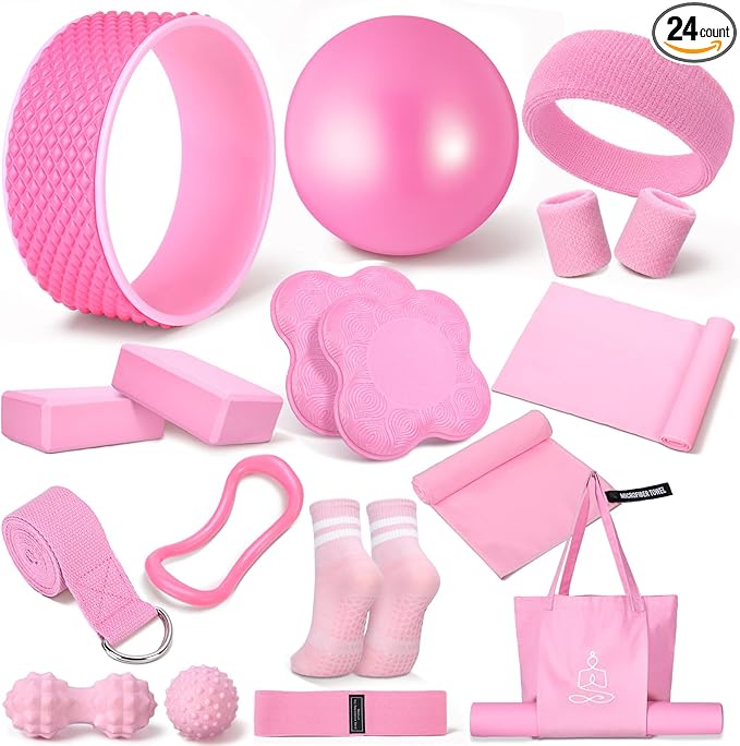 17 Pcs Yoga Essential Kit for Women, Pilates Equipment Starter Set for Beginners with Yoga Wheel Ball Blocks Strap Resistance Bands Wrist Rings Socks Towel & Carry Bag for Home Workouts