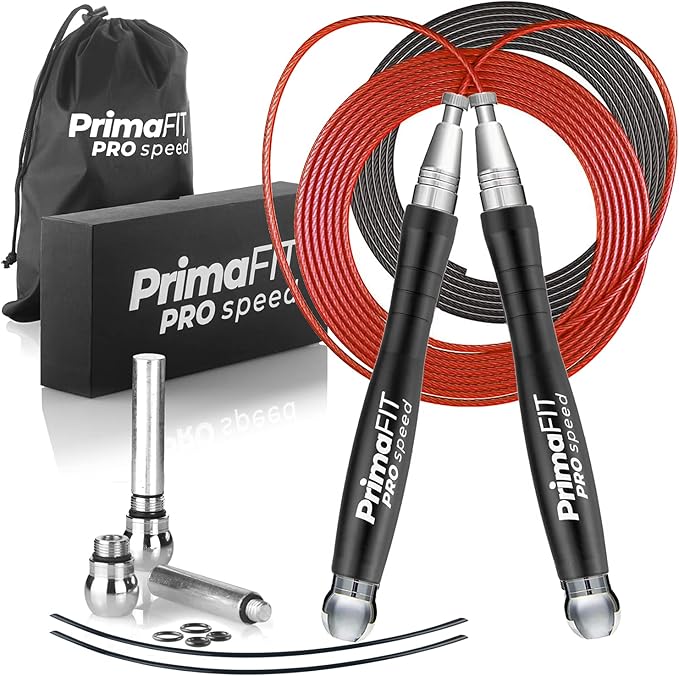 PrimaFIT Jump Rope Pro Speed Skipping Rope Adjustable Adult Jumping Rope Weighted Aluminium Handles for Double Dutch Boxing Workout Crossfit Exercise Fitness Spare Cable Weights Protectors Carry Bag