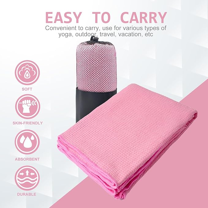 Eunzel 2 Pack Hot Yoga Towel, Non-Slip Yoga Mat Towel with Grip Dots Stickyfiber Sweat Absorbent Towel for Hot Yoga, Pilates and Workout 72" x 24", Pink