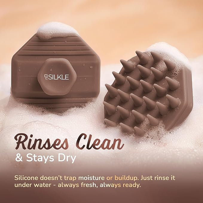 Scalp Massager Shampoo Brush – Silicone Scalp Scrubber for Hair Growth & Dandruff Removal, One-Piece, Non-Slip Handle, Soft Bristles, Wet/Dry Shower Scalp Exfoliator for All Hair Types – Brown