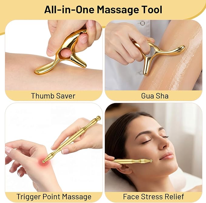 2 Pcs Trigger Massage Tool Acupuncture Pen Gua Sha Massage Scraping Tool Manual Reflexology Body Point Deep Tissue Muscle Scraper Massager for Head Neck Hand Waist Calf Foot (Gold,Medium)