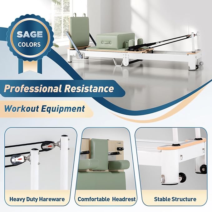 Foldable Pilates Reformer & Equipment - Pilates Reformer Workout Machine for Home Gym with Reformer Accessories, Reformer Box, Padded Jump Board - Up to 300 lbs Weight Capacity