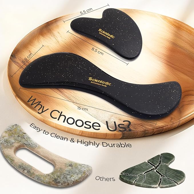 Scienlodic 2 Pcs Gua Sha Massage Tools for Face & Body (Black Gold, Resin) - Guasha Scraping Tool for Jawline Contouring, Puffiness Reduction, Neck, Shoulders, Arms & Calves Relaxation