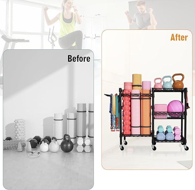 FUTASSI Home Gym Storage, 3 Tiers Workout Equipment Organizer with Wheels for Yoga Mats, Foam Roller, Dumbbells, Kettlebells, and Resistance Bands
