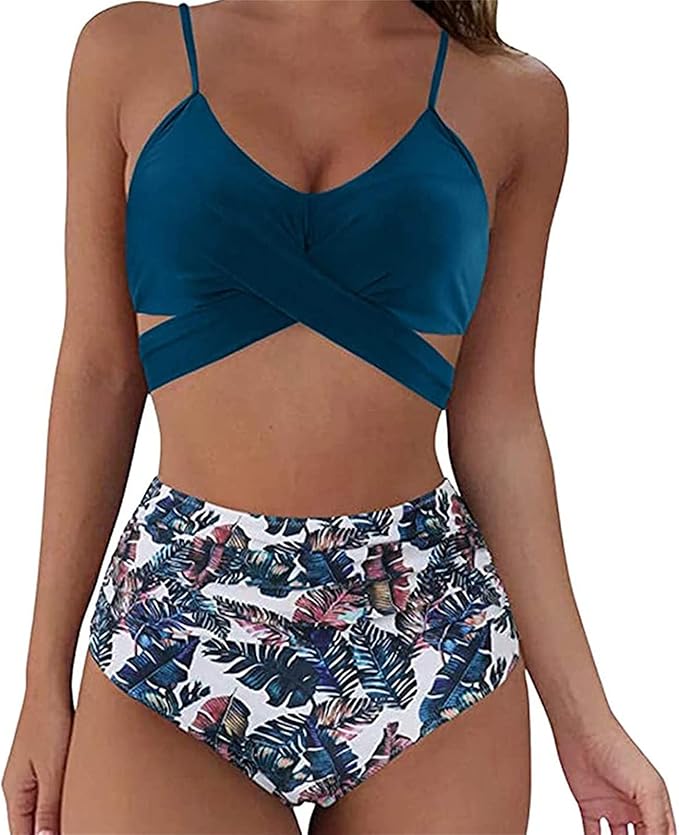 Womens Front Cross Ruched Bikini Set Twist Wrap Swimwear High Waisted Bottoms Print Straps Push Up Swimsuits