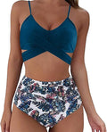 Womens Front Cross Ruched Bikini Set Twist Wrap Swimwear High Waisted Bottoms Print Straps Push Up Swimsuits