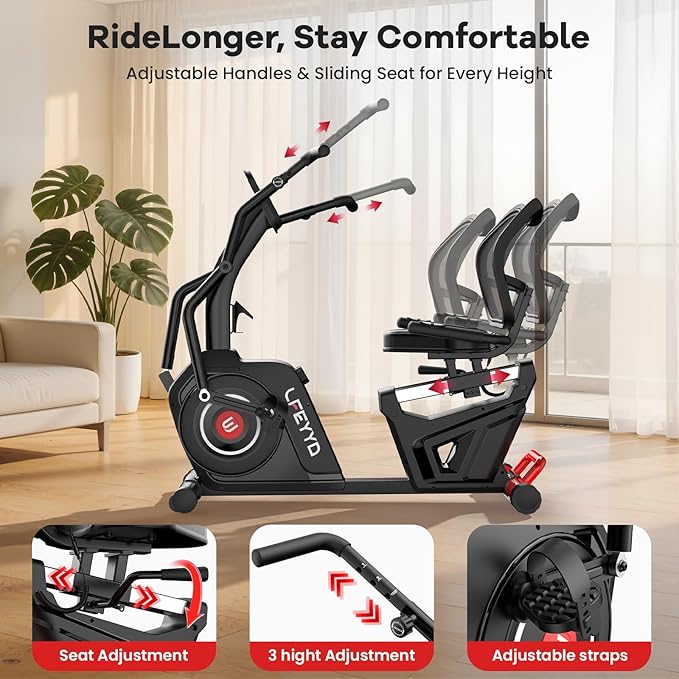 Recumbent Exercise Bike for Home, Stationary Bike with Arm Exerciser, 16-Level Magnetic Resistance, Bluetooth App, LCD Monitor, Heart Rate, Heavy-Duty Frame, Low-Impact Cardio & Physical Therapy, 450LBS Capacity