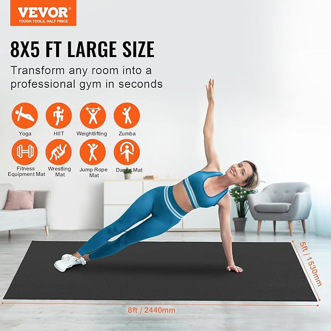 VEVOR Large Exercise Mat, 12'x6'/10'x6'/9'x6'/8'x6'/8'x5'/7'x5'/6'x4' (7mm) Extra Thick, Non Slip High Density Premium Workout Mat, Exercise Yoga Mat for Men & Women, Fitness & Exercise Mat with Bag & Carry Strap, for All Types of Home Yoga, Pilate & F...