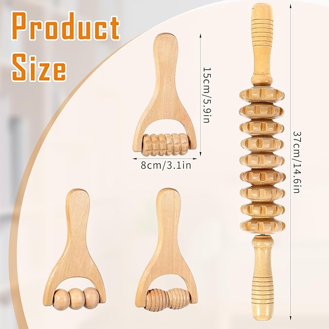 4Pcs Wood Therapy Massage Tools, Portable Manual Wooden Massage Roller Stick, Muscle Roller Stick for Body Sculpting Wood Roller Masssager for Relax Thigh, Leg, Belly Fat, Full Body, Muscle,Cellulite