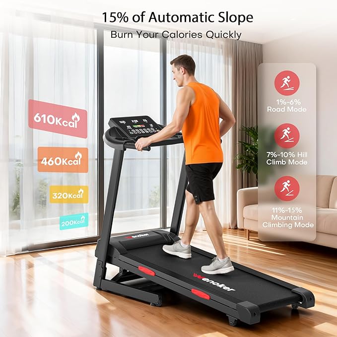 Treadmill with Incline for Home, WENOKER 15% Auto Incline Treadmill with Handrail 300 lbs Capacity, 3.0HP Quiet Walking Pad Tread mill with App, Portable Folding Tread mill with Heart Rate & Wide Belt