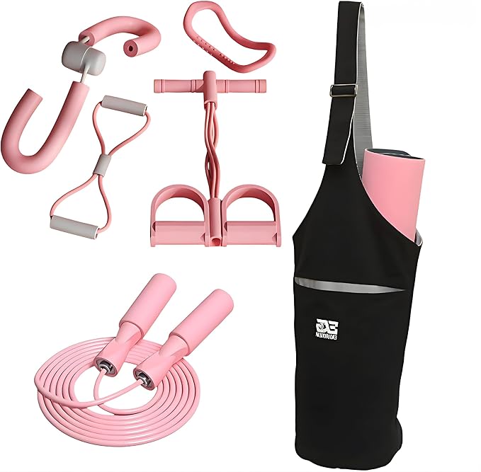Yoga & Fitness Kit - Non-Slip 6mm Mat, Durable Resistance Tools, Premium Jump Rope, Adjustable Bag, Thigh Trainer | Home Workout & Pilates Essentials for Beginners