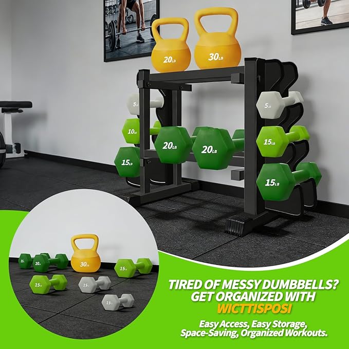 Heavy Duty Dumbbell Rack, Double-Side Extension Holder for Dumbbells & Kettlebells Home Gym Storage Rack