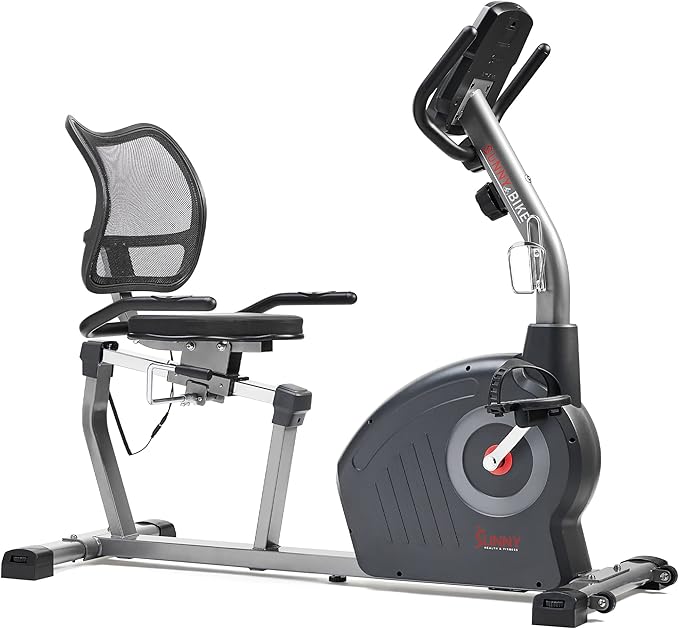 Sunny Health & Fitness Smart Recumbent Bike with Pulse Sensors, Home Cycling Workout Machine w/Cushion Seat & Mesh-Backrest, Free SunnyFit App Connection, Optional Programmable & Electro-Magnetic
