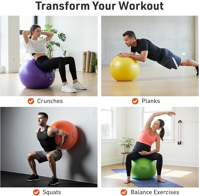 Body Sport Exercise Ball with Pump for Home, Gym, Balance, Stability, Pilates, Core Strength, Stretching, Yoga, Fitness Facilities, Desk Chairs