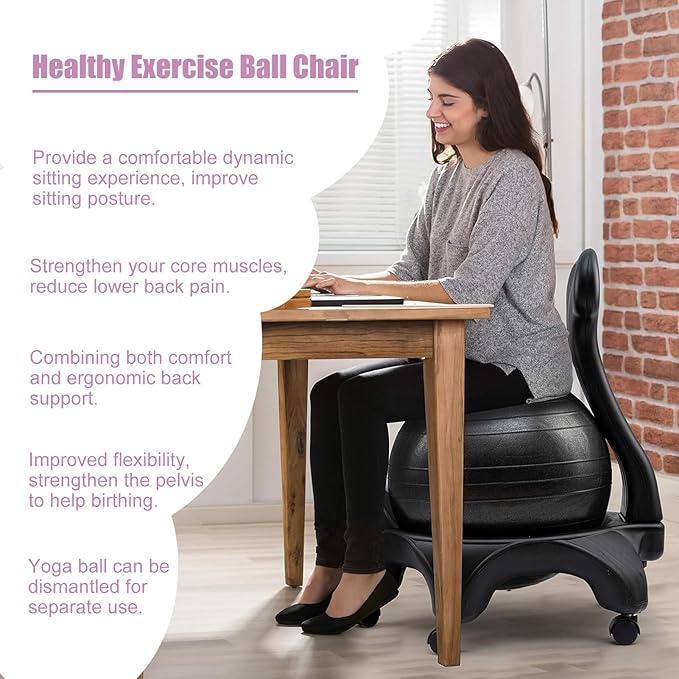 Balance Ball Chair with Backrest for Office, Yoga Ball Chair Active Sitting for Desk, Stability Ball Seat for Exercise, Pregnancy, Labor Use(Light Coffee)