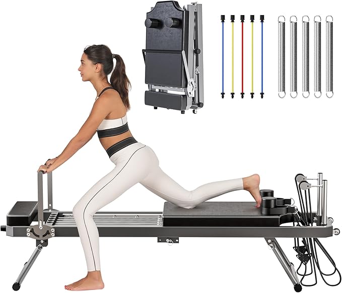 Foldable Pilates Reformer Machine for Home Use - 330lbs Capacity with 5 Alloy Springs, 11 Resistance Levels & UP Leather Surface, Space-Saving Fitness Equipment