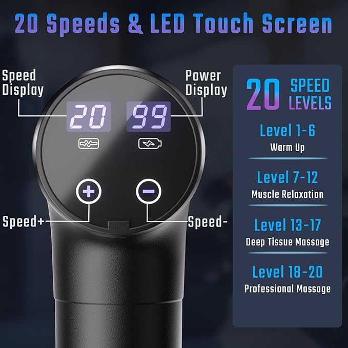 cotsoco Massage Gun Deep Tissue, Muscle Massage Gun with 9 Attachment Heads 20 Speeds & Silent Brushless Motor for Pain Relief, Handheld Percussion Back Massager Gun for Athletes (Black)