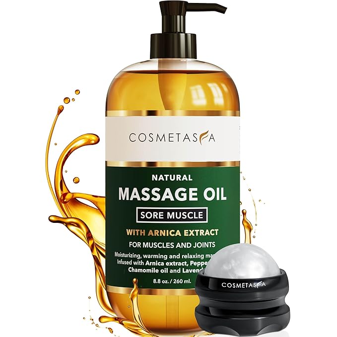 Cosmetasa Massage Oil for Sore Muscle Massage Therapy with Roller - All Natural, Cruelty-Free Massage Oils for Muscle Relaxing & Joint Comfort - Arnica Extract with Lavender & Chamomile Oil (8.8 oz)