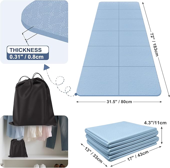 Foldable Yoga Mat for Travel 72"x 32"x 0.32"Inch, 8mm Thick Folding Exercise Mat, Outdoor Non-slip Pilates Mat for Women & Men, Wide Yoga Mat Packable for Workout and Fitness