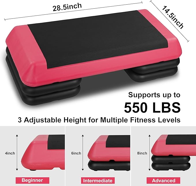 Gym Step Platform for Exercise at Home, Fitness Step for Home Workout, Adjustable Step Up Exercise Platform, Aerobic Stepper Step Platform with 4 Risers, Step Exercise Platform for Work Out