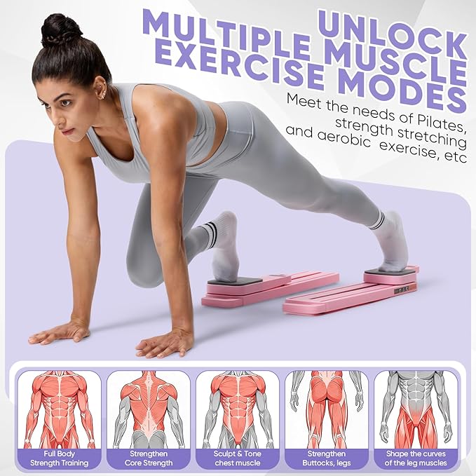 Portable Pilates Reformer Set for Women, Multi-Functional Pilates Exercise Board with Resistance Bands for Home Workouts, Core Strengthening, Toning, Abdominal Sculpting, Full-Body Fitness(Pink)