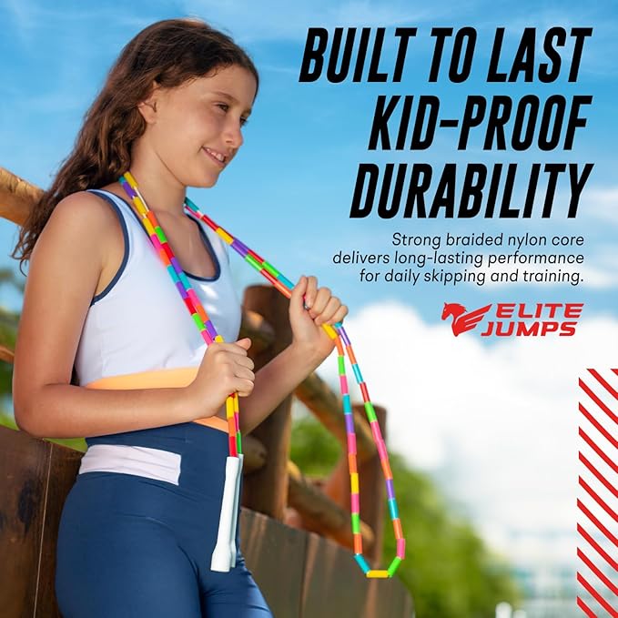 Beaded Kids Exercise Jump Rope - Segmented Skipping Rope for Kids - Durable Shatterproof Outdoor Beads - Light Weight and Tangle Free Exercise Training - Easily Adjustable Kids Jump Rope for Fitness