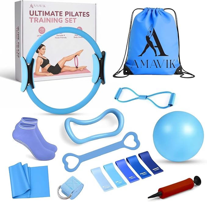 AMAVIK Pilates Kit 15-Pieces Home Workout Set with 5 Resistance Bands, Pilates Ring and Ball Set with Accessories-A Complete Pilates Set for Women to Improve Strength, Flexibility and Balance Body