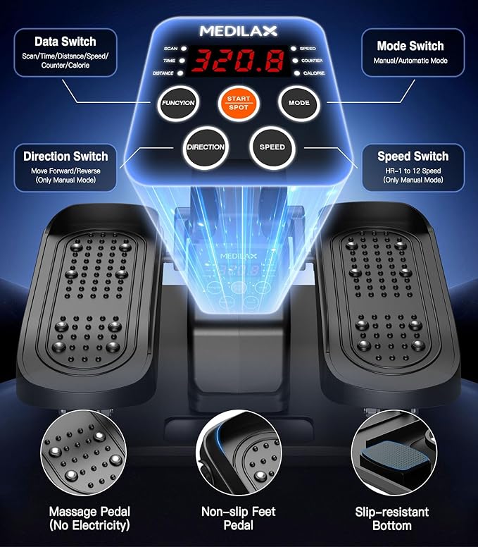 Medilax Black Portable Under Desk Elliptical Machine with Wireless Remote. 12 Manual & 3 Automatic Speeds. Pedal Ellipse Leg Exerciser. Leg Exerciser While Sitting for Seniors Adults Home Office