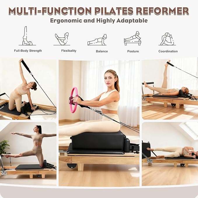 Pilates Reformer Machine, 95" Foldable Studio Grade Pilates Equipment with Adjustable Reformer Heights for Gym, Studio and Home, Oak Wood Pilates Reformer with Jump Board