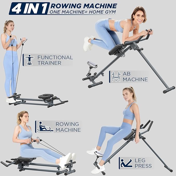 4-in-1 Rowing Machine, Ab Machine – Foldable Full Body Workout Equipment with Resistance Bands for Home Cardio, Strength, and Core Training – Black