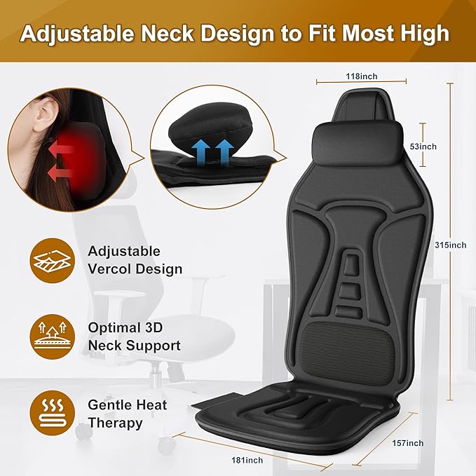 Vibration Back Massager with Heat for Chair, Massage Chair Pad with Waist Cooling & Neck Support, Seat Massager for Seniors, Office Workers, Fatigue & Pain Relief in Office, Home, Ideal Gift