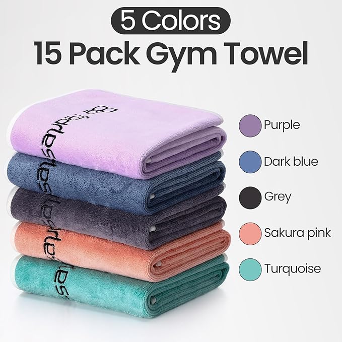 Peryiter 15 Pcs Microfiber Gym Towels Set for Men and Women, Soft Be Fearless Sweat Workout Towels for Yoga Sports Exercise Fitness Bath Home Cycling Swimming Camping, 30" x 14", 5 Colors