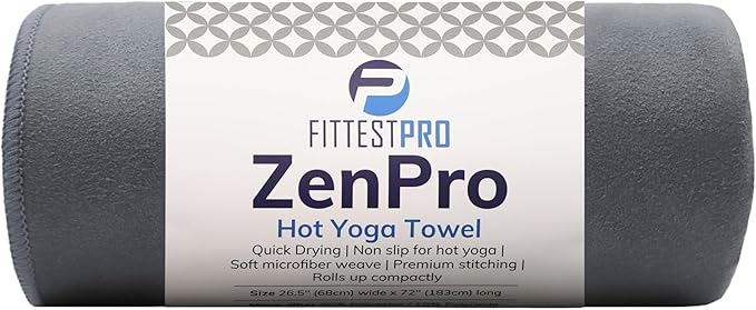 Fittest Pro Non-Slip Hot Yoga Towel with Super-Absorbent Soft Suede Microfiber in Many Colors, for Bikram Pilates and Yoga Mats. (72.00 x 26.50) Nimbus Grey
