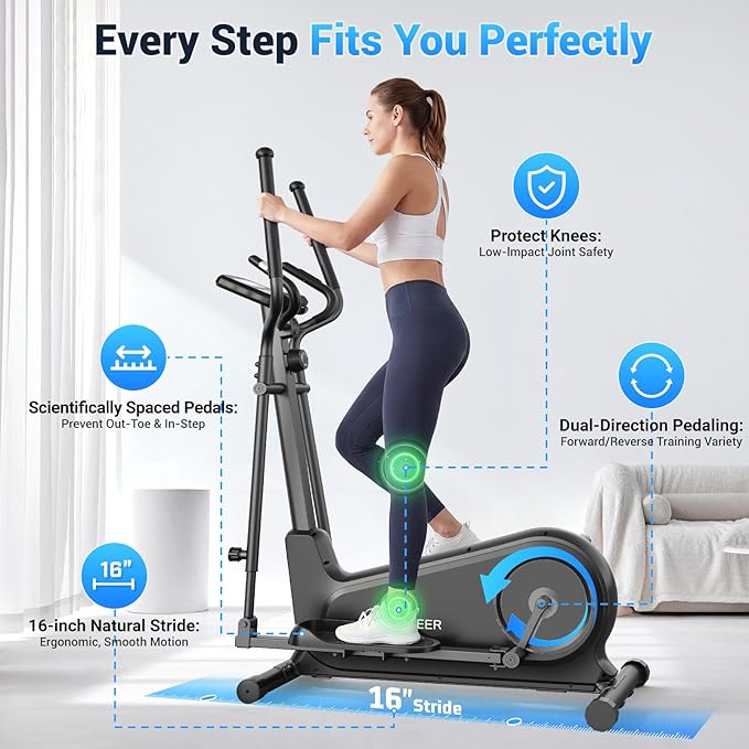 ANCHEER Elliptical Exercise Machine, Elliptical Trainer for Home Gym Exercise Equipment 550Lbs Max Weight, Ultra-Silent Elliptical Machine 16 Resistance Levels Pulse Rate Grips