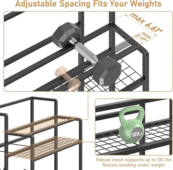 Dumbbell Rack, Utility Weight Storage Racks, Home Gym Storage for Dumbbell Set，Kettlebells，Yoga Mat and Workout Equipment