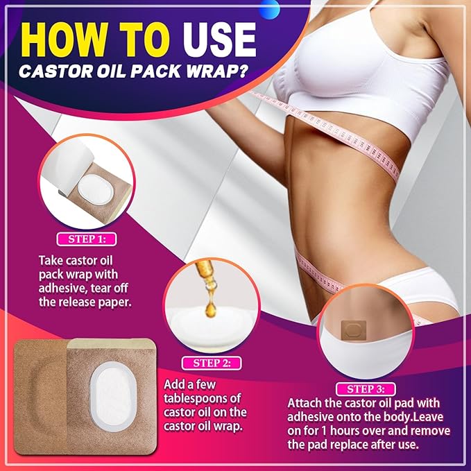Castor Oil Pack Wrap Patch - Organic Cotton Castor Oil Belly Button Pad, Disposable Self-Adhesive Abdominal Pads, Portable Anti Leakage High Absorbent Patch for Multi-Area Use 25Pcs
