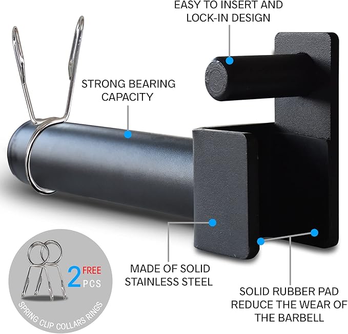 Balelinko Extended 9" Olympic Weight Plate Holder, Weight Plate Storage, Attachment for for 2"x2" Tube Power Cage with 1" Hole, 1 Pair, Bonus a Pair of 2" Spring Clip Collars Rings