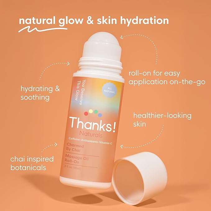 Massage Oil Roll On, Charmed by Chai, Vegan, Cold Pressed Roll On with Vitamin C, Cinnamon, Cardamom, & Caffeine, Use After Shower or Before Bed, Self Care Essential, 3 FL OZ