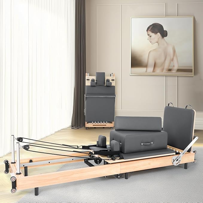 Pilates Reformer Machine,Oak Wood Home Pilates Equipment, Foldable Pilates Reformer with Reformer Box, Jump Board for Home Workouts and Body Exercises, Suits for Studio Gym Yoga