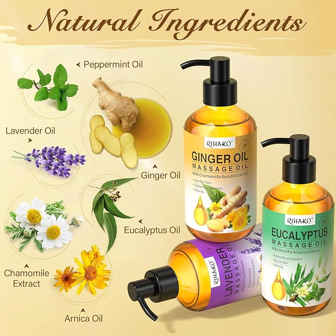 Valentine 's Day Gift for Women 3 Pack Massage Oil for Massage Therapy,Ginger for Lymphatic Drainage, Lavender for Relaxation, Eucalyptus Mint for Muscle Relief | Massage Therapy & Date Night Spa Gift