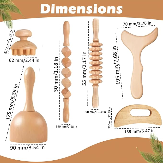 Wood Therapy Massage Tools Set 6-in-1 – Maderoterapia Lymphatic Drainage Massager Kit for Body Sculpting, Cellulite Reduction, Muscle Pain Relief, Body Shaping & Contouring for Home Spa Use