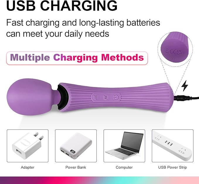Handheld Wand Massager - Rechargeable Cordless Body Massager with 12 Vibration Patterns & 3 Speeds - Waterproof Silicone Percussion Massager for Neck, Shoulder, Back Muscle Relief - Rose Purple